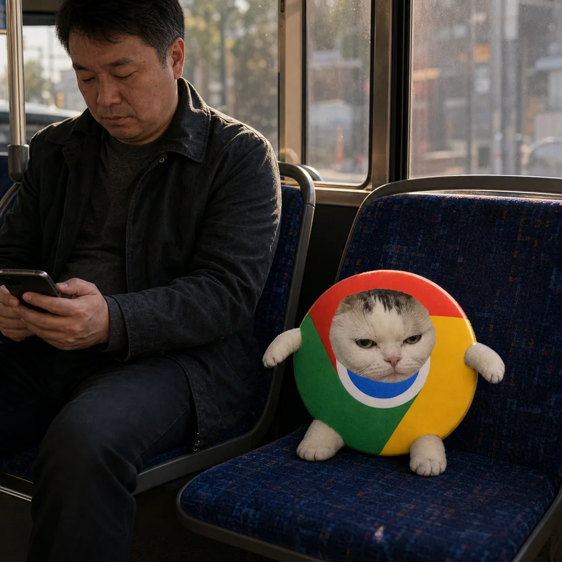 Chrome Cat sitting on a bus seat