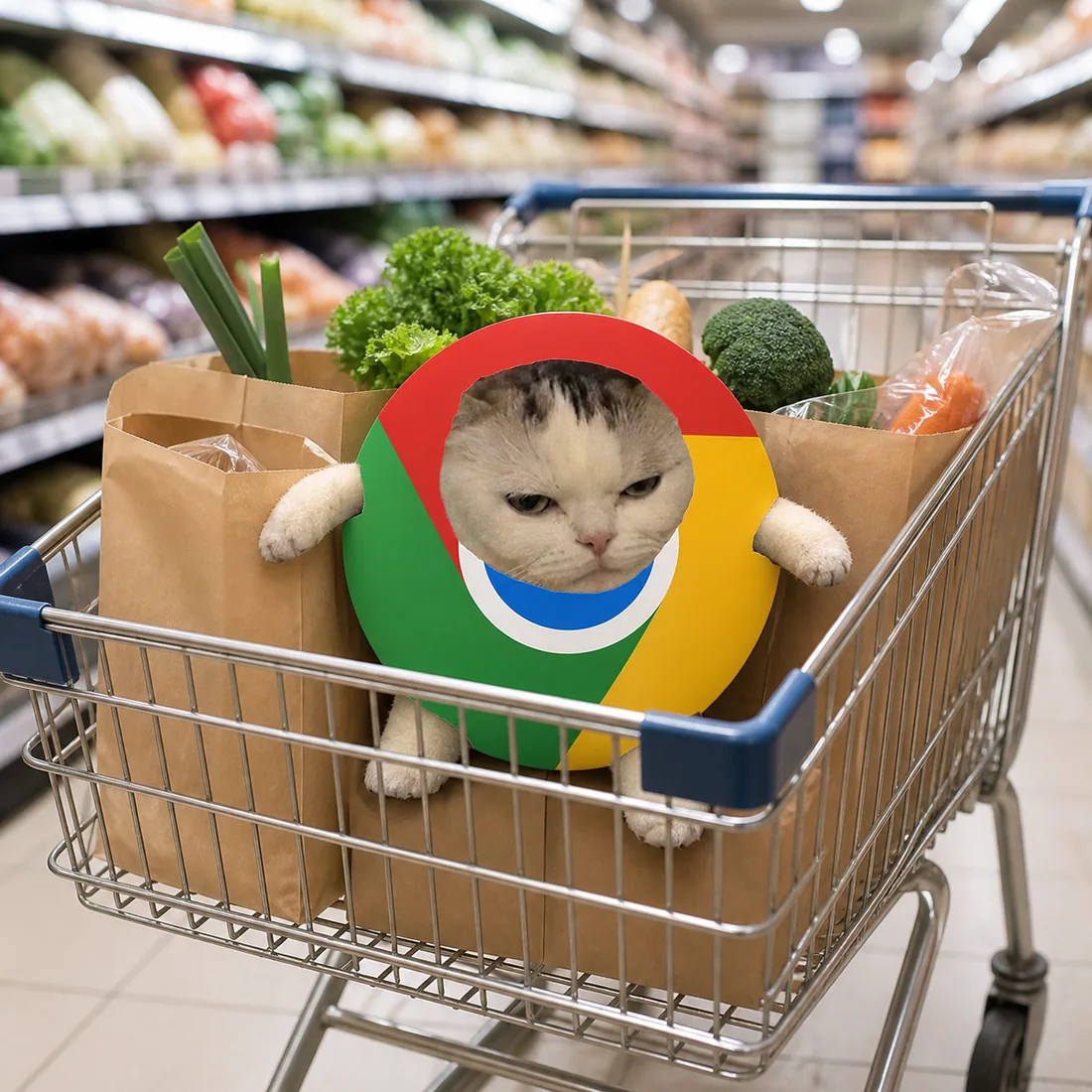 Chrome Cat sitting in a supermarket trolley