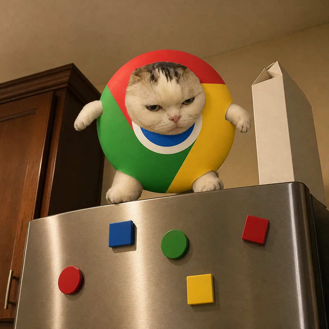 Chrome Cat on top of a fridge