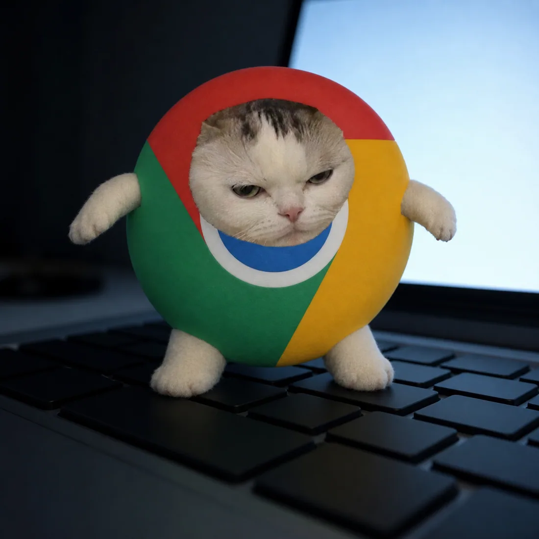 Chrome Cat standing on a laptop keyboard at night