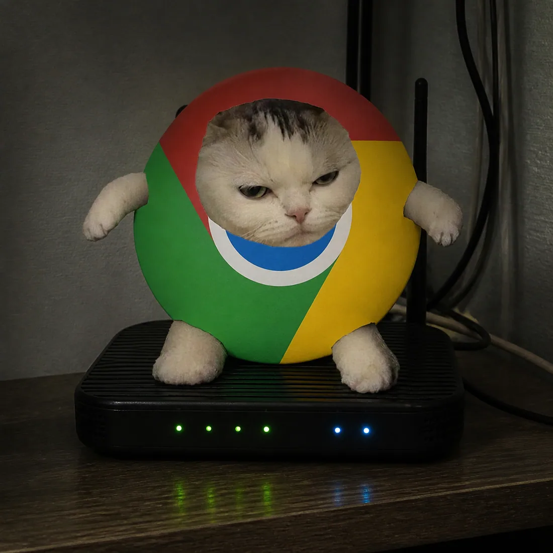 Chrome Cat sitting on a wifi router