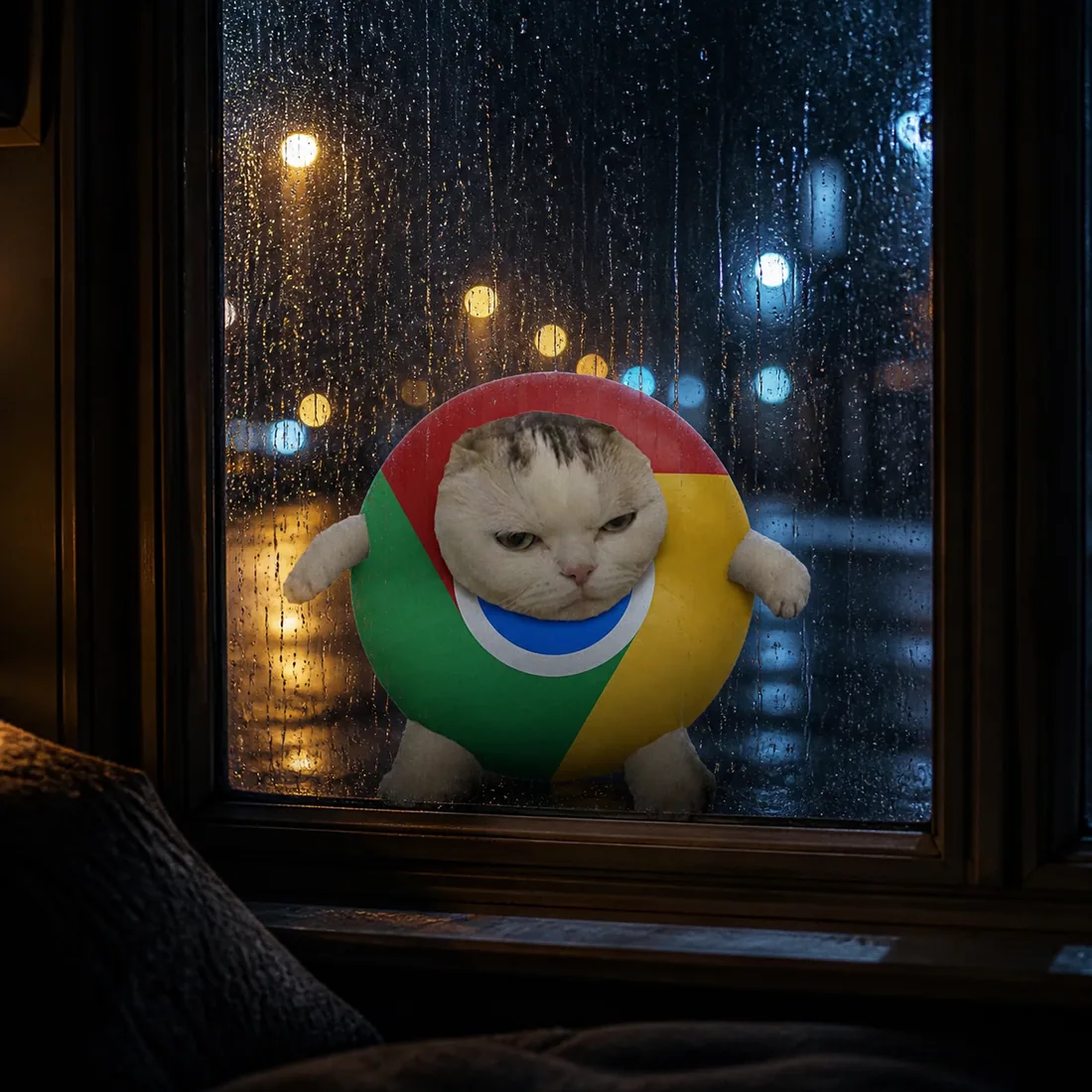 Chrome Cat against a rainy window at night